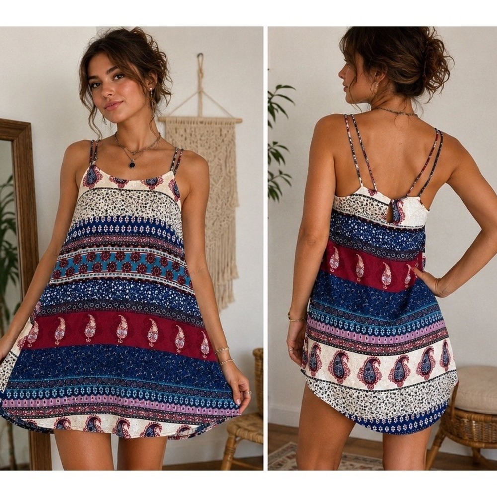 Addie‎ Sz Small Boho Paisley Patchwork Swing Dress Cami Festival Mini